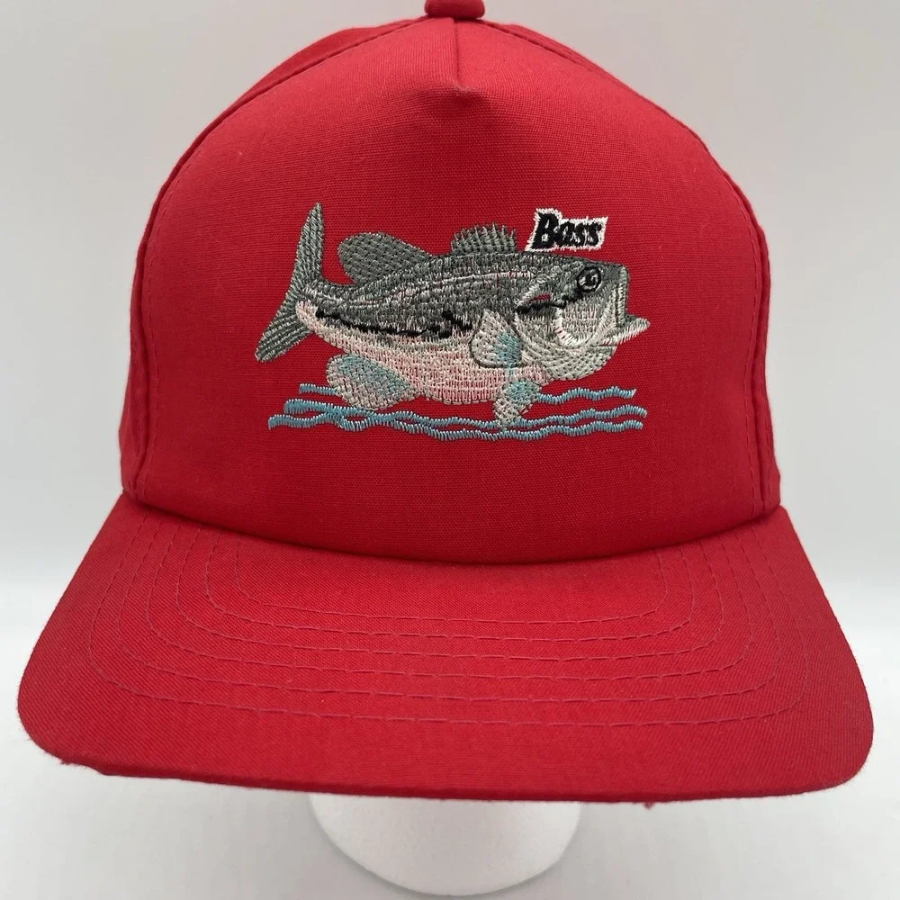 NEW Vintage Bass Hat‎ Cap SnapBack Red Trucker Embroidered Fishing Made In USA